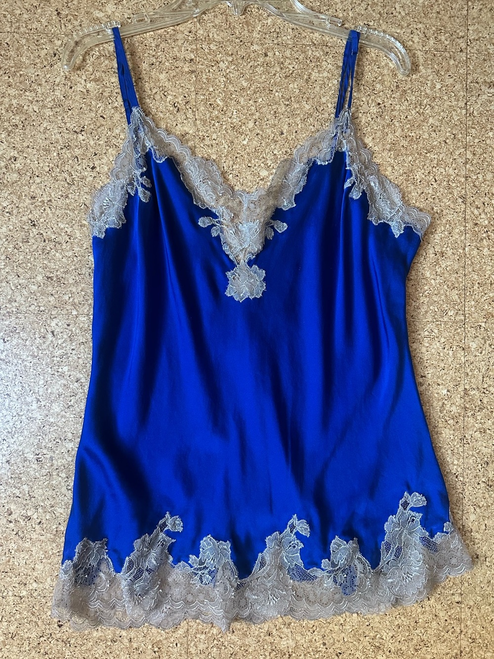 Vintage Josie Natori Royal Blue Silk Teddy with Luxe Antique Lace Trim
